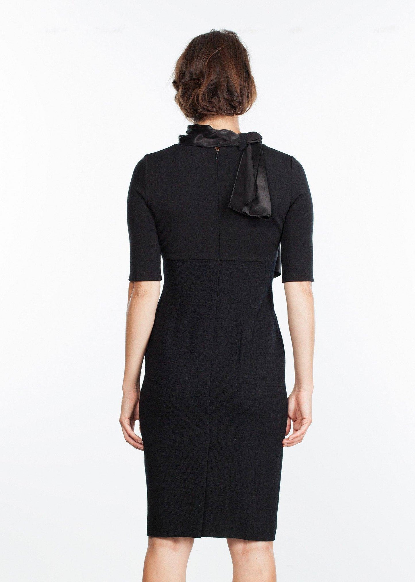 Tie Neck Wool Dress in Black - Thang5501