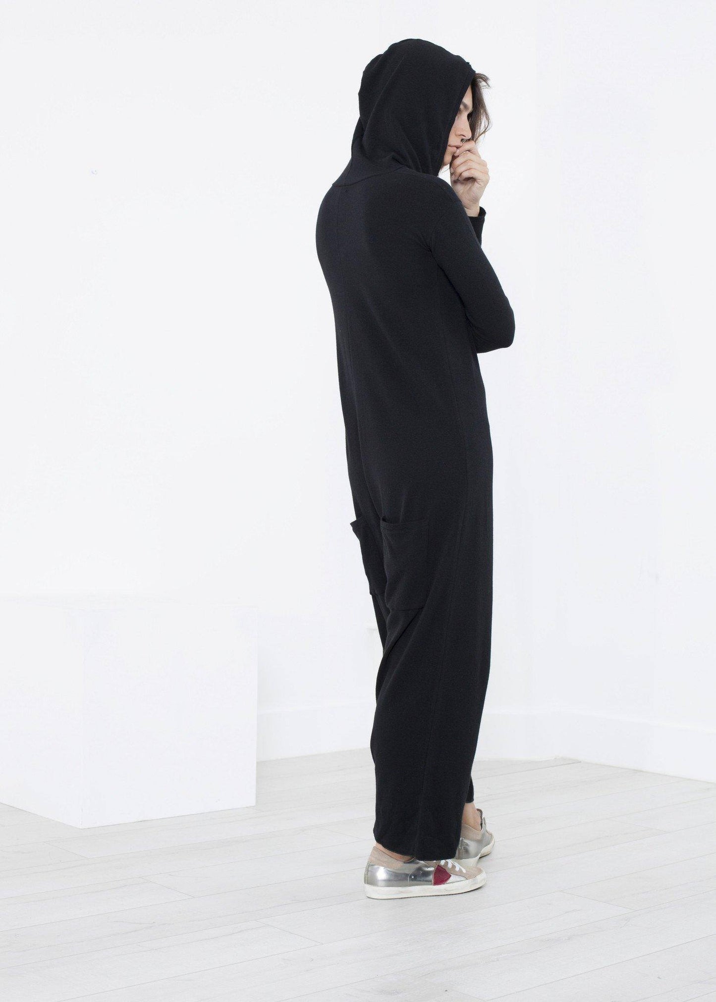 Knit Hooded Jumpsuit in Black - Thang5501
