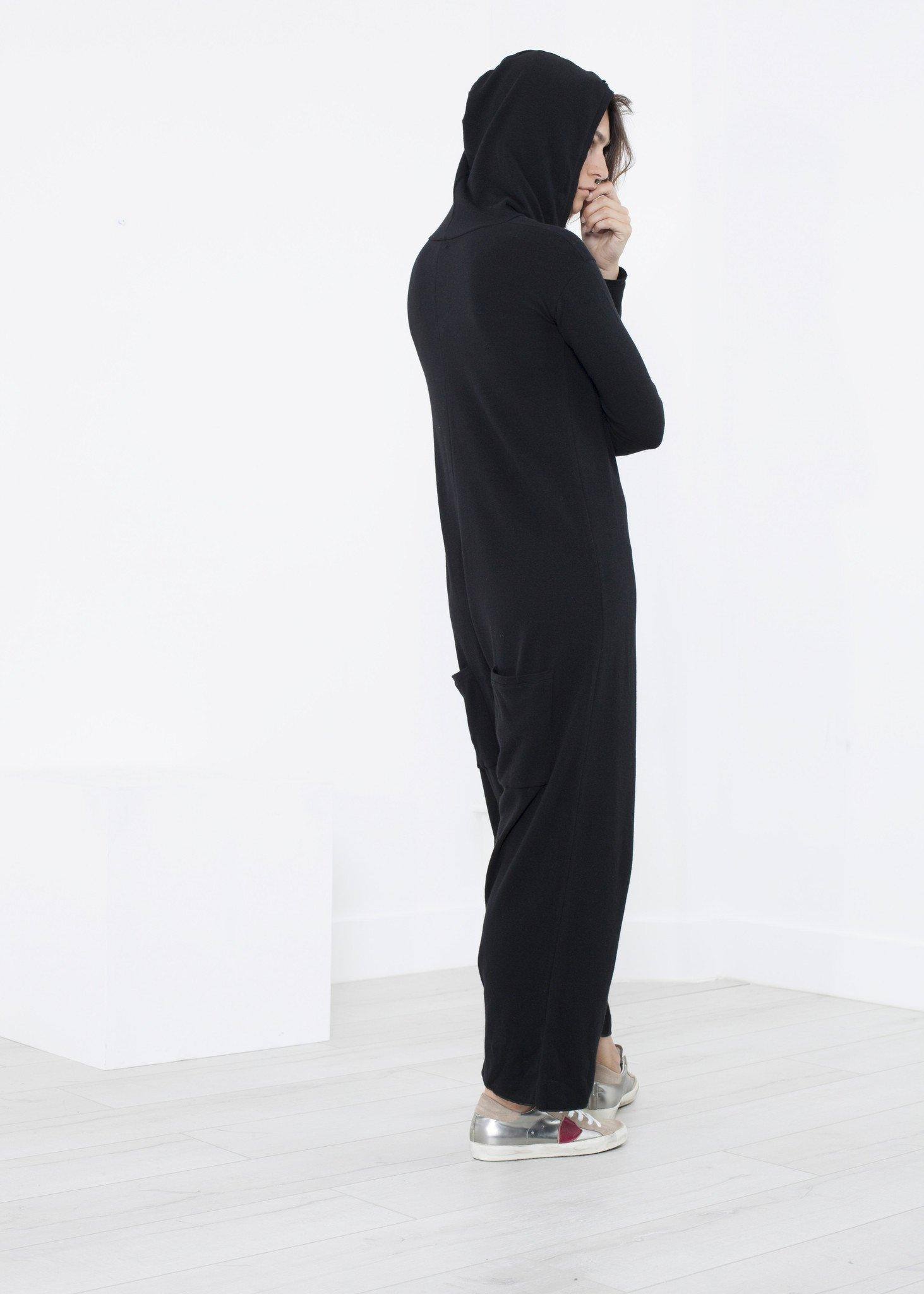 Knit Hooded Jumpsuit in Black - Thang5501