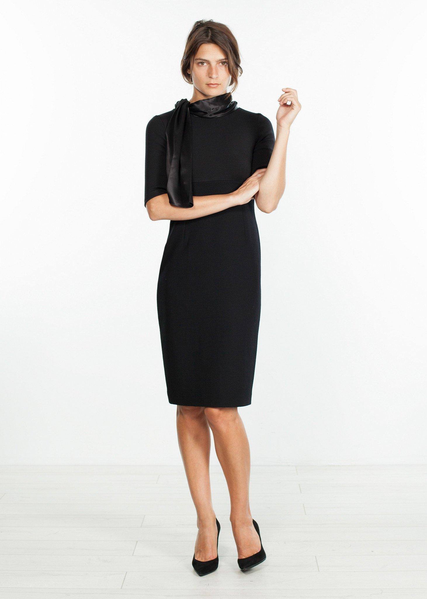 Tie Neck Wool Dress in Black - Thang5501