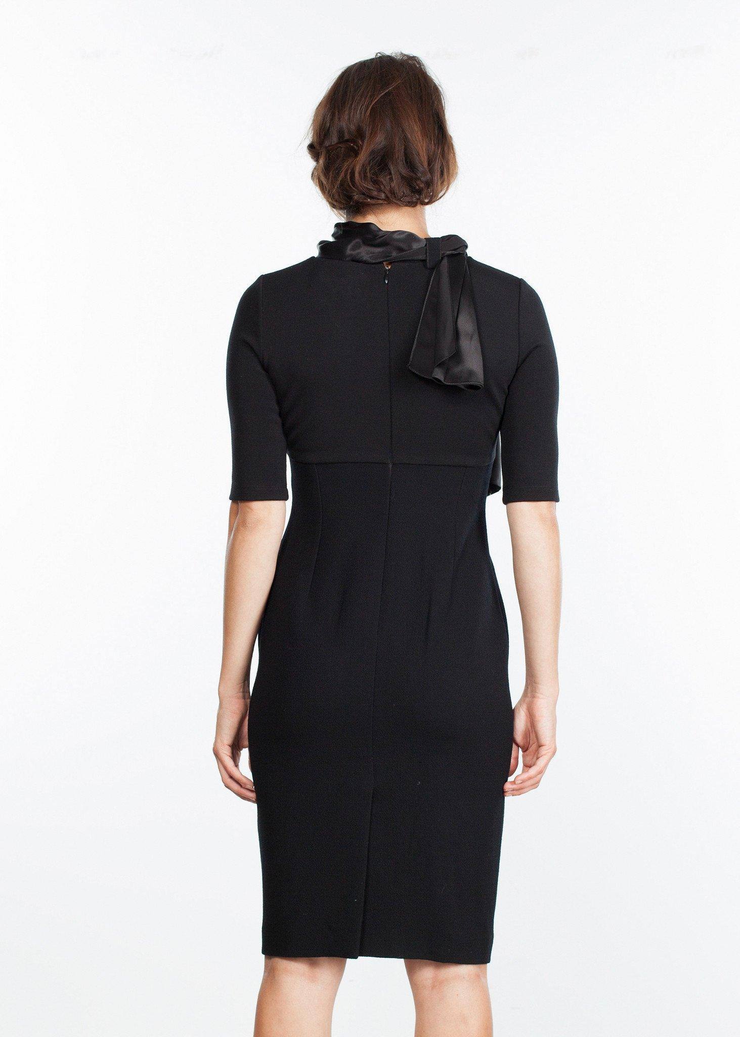 Tie Neck Wool Dress in Black - Thang5501