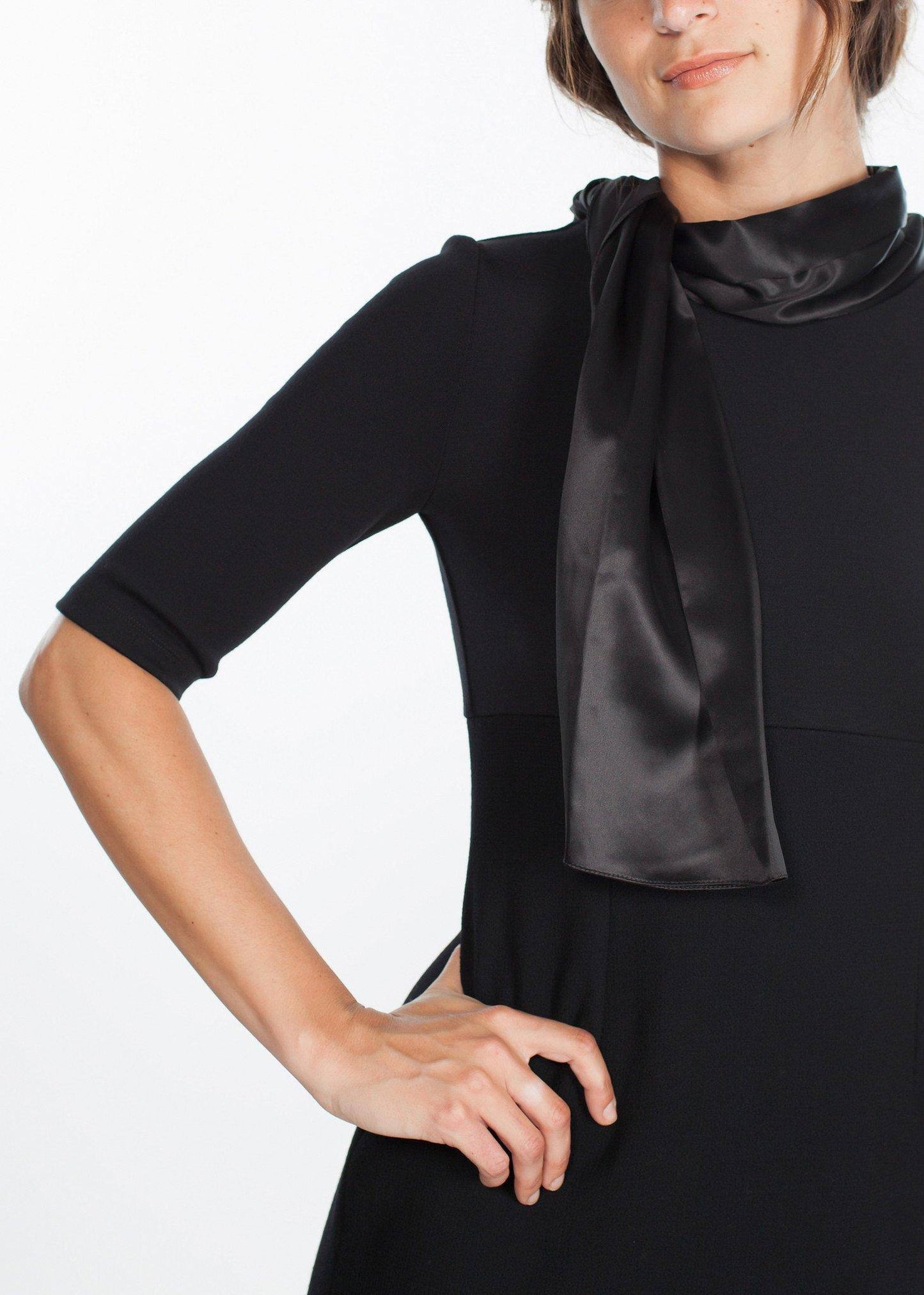 Tie Neck Wool Dress in Black - Thang5501