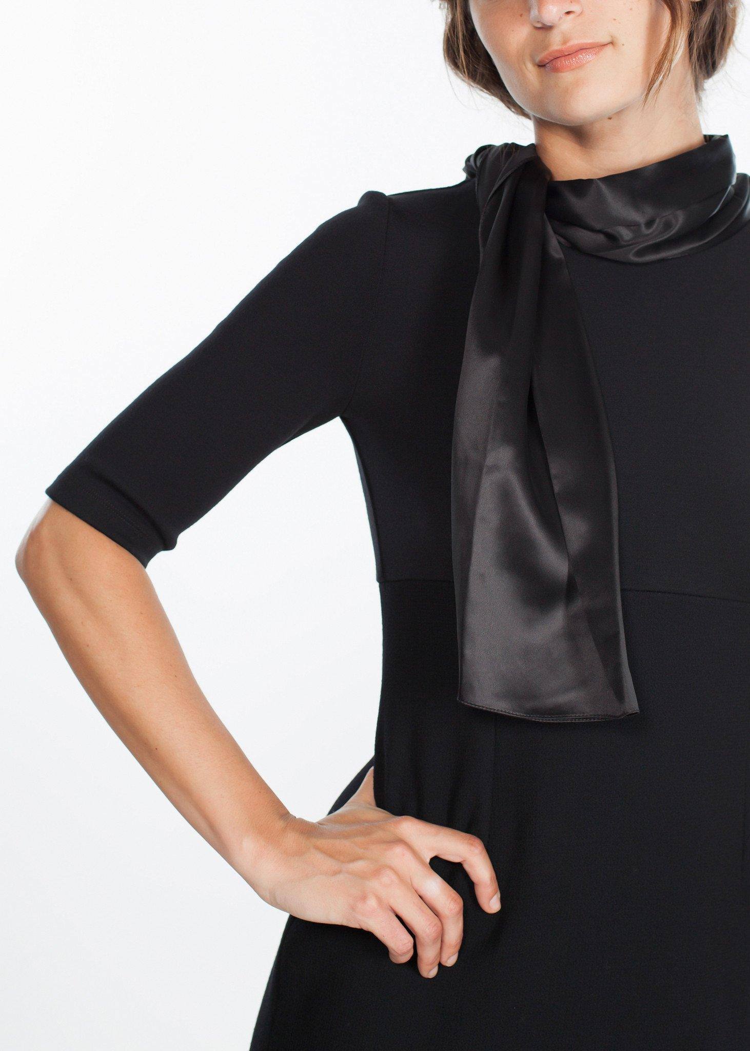 Tie Neck Wool Dress in Black - Thang5501