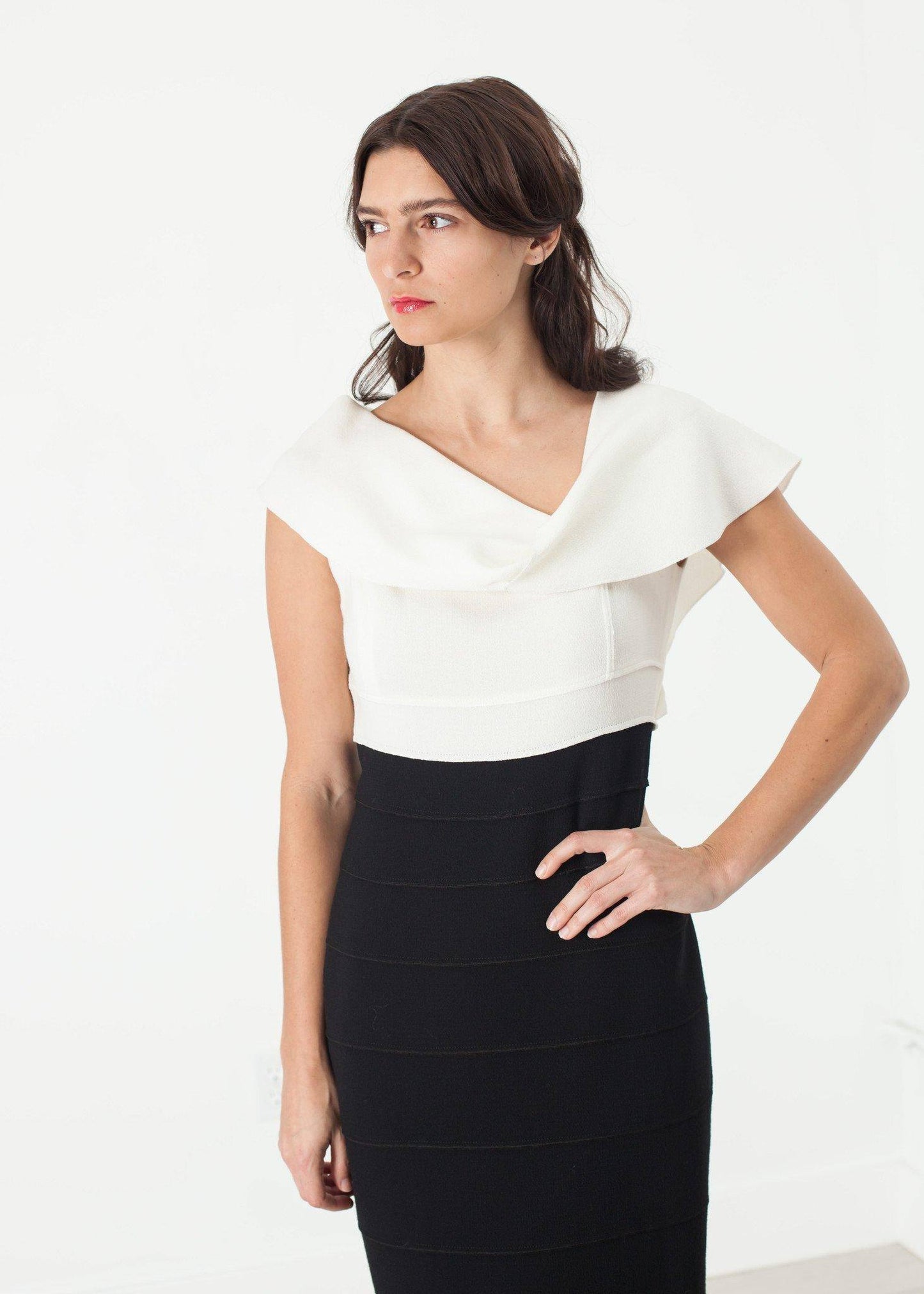 Asymmetric Dress in Cream/Black - Thang5501