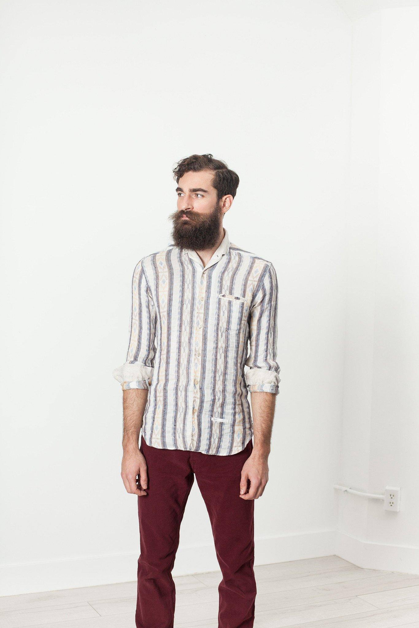 Linen Western Shirt in Beige/Blue - Thang5501