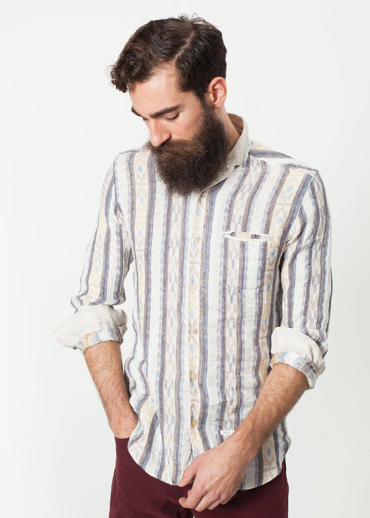 Linen Western Shirt in Beige/Blue - Thang5501