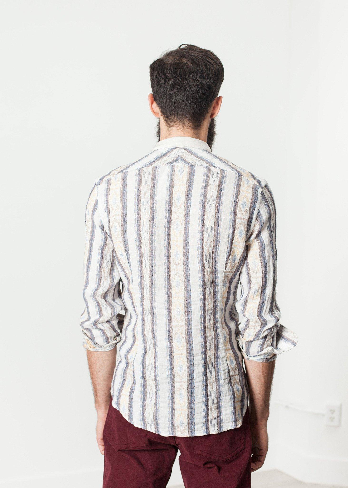 Linen Western Shirt in Beige/Blue - Thang5501